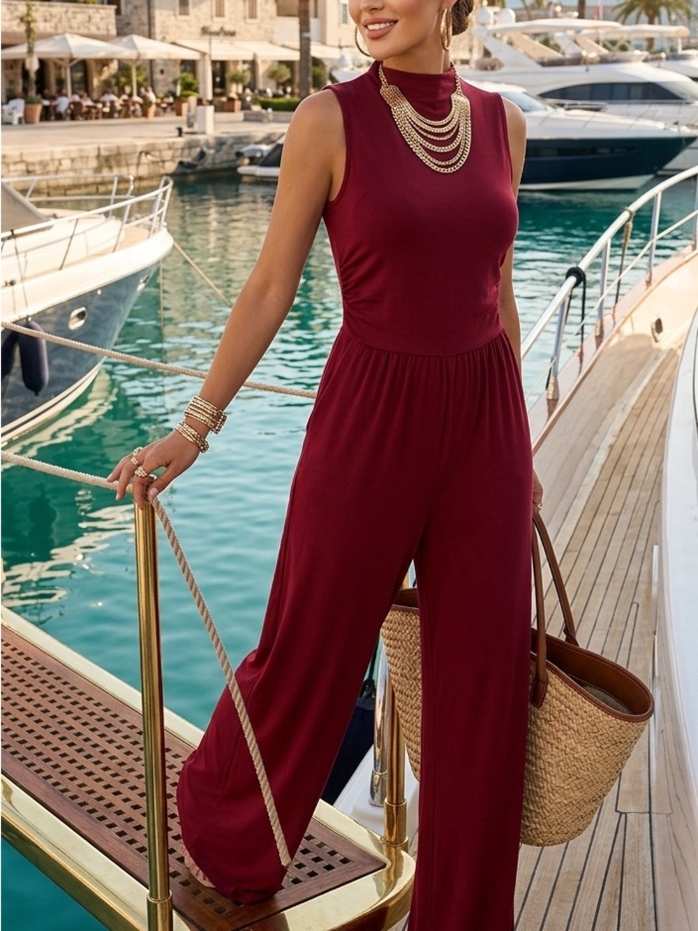 Sz S NWT Munikais Sleeveless Mock-Neck Wide-Leg Red Jumpsuit
